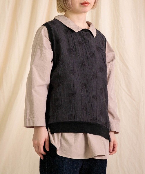prit 綿ベスト セール】[prit] 綿麻ムラ糸天竺×リネンガーベラ刺繍 切替プル
