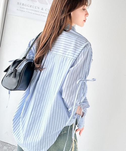 mily bilet(ミウィビレット)の「【mily bilet】大人カジュアルに高級感をプラス。ロゴブローチ付きドロストリボンビッグシャツ(長袖)(シャツ/ブラウス・レディース・ブルー系その他/ホワイト/イエロー系その他/サックスブルー・X-LARGE/SMALL/MEDIUM/LARGE)」の10枚目の写真