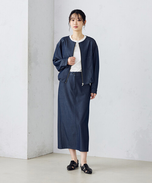 COMME CA ISM(コムサイズム)の「デニムライク ノーカラーブルゾン / セットアップ対応(デニムジャケット・レディース・ネイビー・MEDIUM/LARGE)」の13枚目の写真