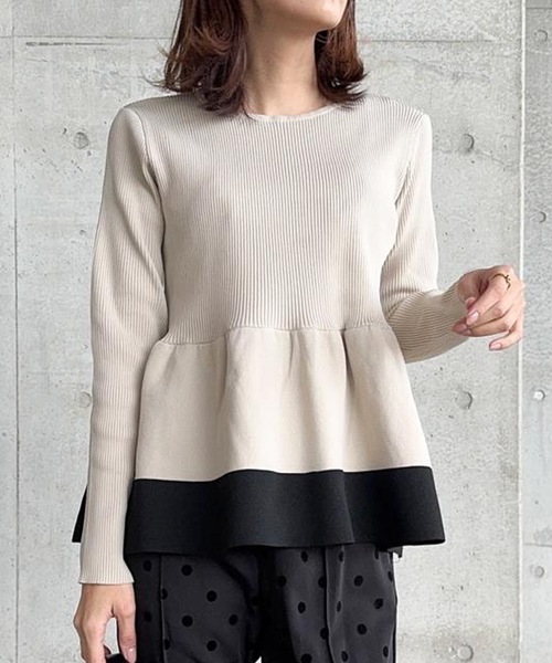 aquagarage（アクアガレージ）の「配色スポンジニットペプラムトップス（ニット/セーター・レディース・ブラック/ベージュ・M/L）」の2枚目の写真