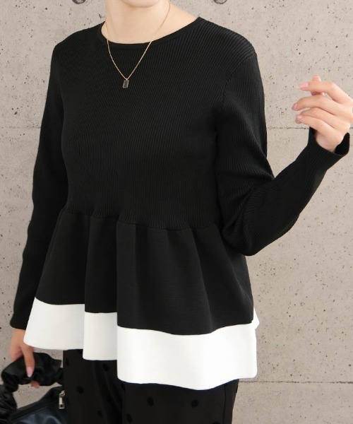 aquagarage（アクアガレージ）の「配色スポンジニットペプラムトップス（ニット/セーター・レディース・ブラック/ベージュ・M/L）」の3枚目の写真