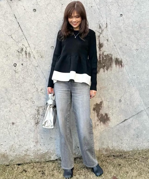 aquagarage（アクアガレージ）の「配色スポンジニットペプラムトップス（ニット/セーター・レディース・ブラック/ベージュ・M/L）」の10枚目の写真