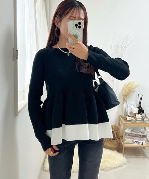 aquagarage（アクアガレージ）の「配色スポンジニットペプラムトップス（ニット/セーター・レディース・ブラック/ベージュ・M/L）」の22枚目の写真