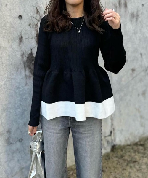 aquagarage（アクアガレージ）の「配色スポンジニットペプラムトップス（ニット/セーター・レディース・ブラック/ベージュ・M/L）」の21枚目の写真