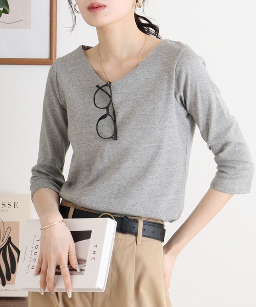 atONE（アットワン）の「Vネック七分袖プルオーバー（Tシャツ/カットソー・レディース・カーキ/杢グレー/チャコールグレー/オフホワイト/ブラック・4L/3L/LL/L/M）」の18枚目の写真