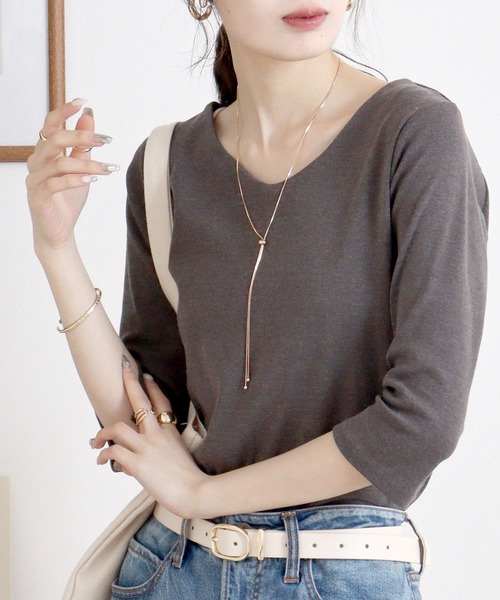 atONE（アットワン）の「Vネック七分袖プルオーバー（Tシャツ/カットソー・レディース・カーキ/杢グレー/チャコールグレー/オフホワイト/ブラック・4L/3L/LL/L/M）」の14枚目の写真