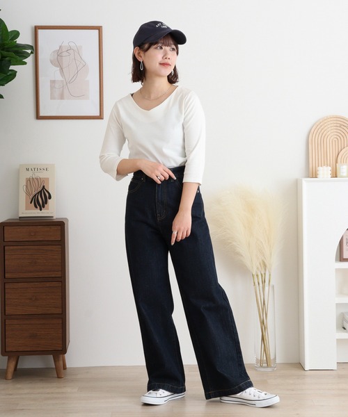 atONE（アットワン）の「Vネック七分袖プルオーバー（Tシャツ/カットソー・レディース・カーキ/杢グレー/チャコールグレー/オフホワイト/ブラック・4L/3L/LL/L/M）」の9枚目の写真