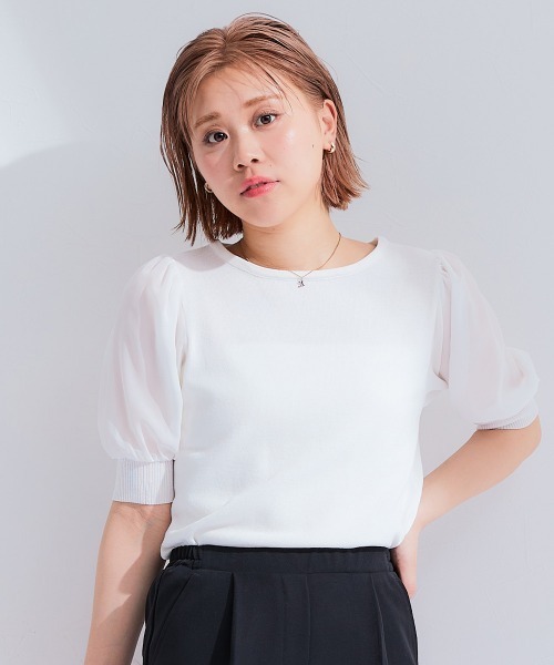 Petitjo（プッチージョ）の「小さいサイズ　袖シフォンニットプルオーバー　低身長さん・小柄女性（ニット/セーター・レディース・グレイッシュベージュ/オフホワイト/ブラック・PSS/PS/PM）」の2枚目の写真