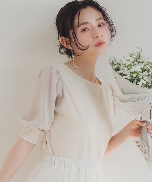 Petitjo（プッチージョ）の「小さいサイズ　袖シフォンニットプルオーバー　低身長さん・小柄女性（ニット/セーター・レディース・グレイッシュベージュ/オフホワイト/ブラック・PSS/PS/PM）」の3枚目の写真