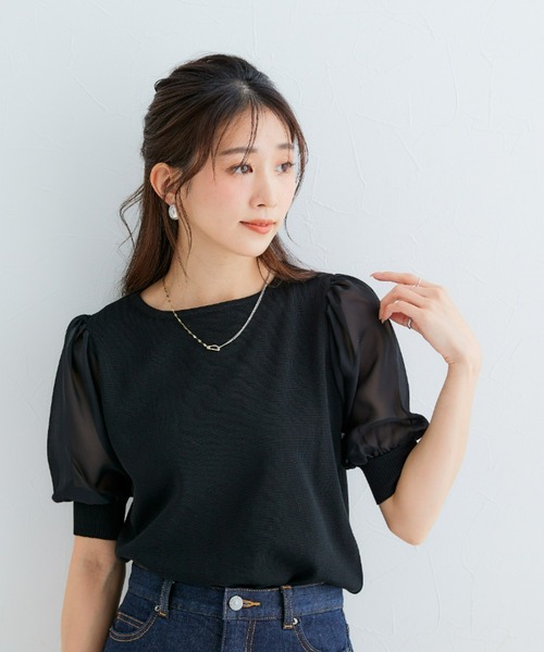 Petitjo（プッチージョ）の「小さいサイズ　袖シフォンニットプルオーバー　低身長さん・小柄女性（ニット/セーター・レディース・グレイッシュベージュ/オフホワイト/ブラック・PSS/PS/PM）」の10枚目の写真