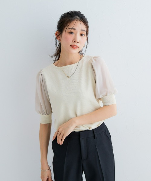 Petitjo（プッチージョ）の「小さいサイズ　袖シフォンニットプルオーバー　低身長さん・小柄女性（ニット/セーター・レディース・グレイッシュベージュ/オフホワイト/ブラック・PSS/PS/PM）」の19枚目の写真