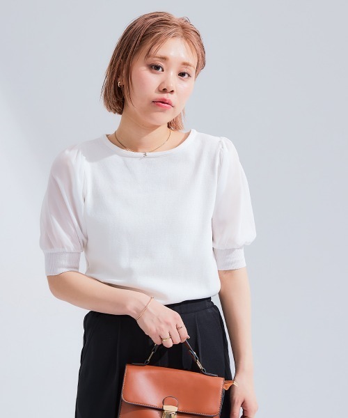 Petitjo（プッチージョ）の「小さいサイズ　袖シフォンニットプルオーバー　低身長さん・小柄女性（ニット/セーター・レディース・グレイッシュベージュ/オフホワイト/ブラック・PSS/PS/PM）」の4枚目の写真