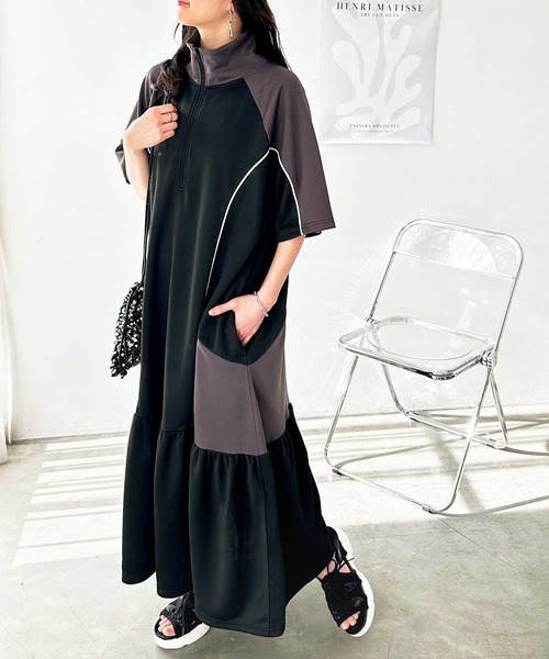 FIRST MOOD(ファーストムード)の「《FIRSTMOODコラボ》ハーフジップ配色半袖ティアードワンピース(ワンピース・レディース・ネイビー/ブラック・MEDIUM/LARGE)」の3枚目の写真