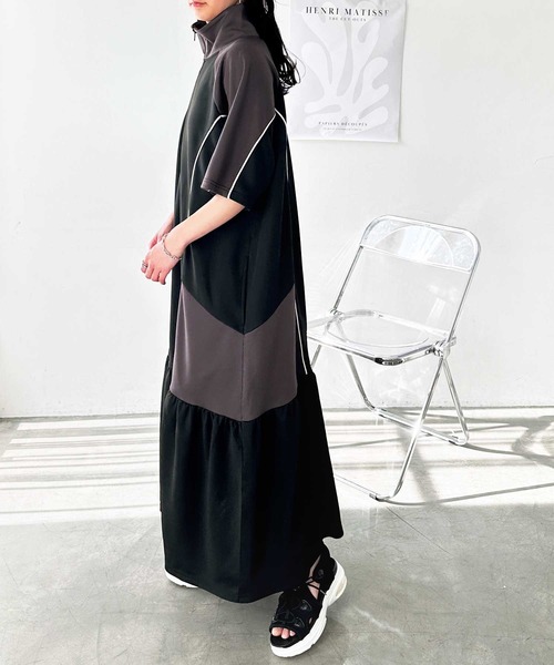 FIRST MOOD(ファーストムード)の「《FIRSTMOODコラボ》ハーフジップ配色半袖ティアードワンピース(ワンピース・レディース・ネイビー/ブラック・MEDIUM/LARGE)」の5枚目の写真