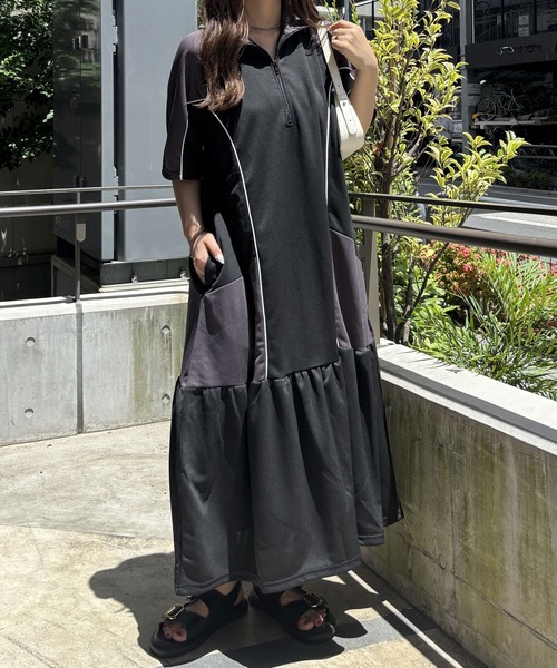 FIRST MOOD(ファーストムード)の「《FIRSTMOODコラボ》ハーフジップ配色半袖ティアードワンピース(ワンピース・レディース・ネイビー/ブラック・MEDIUM/LARGE)」の17枚目の写真