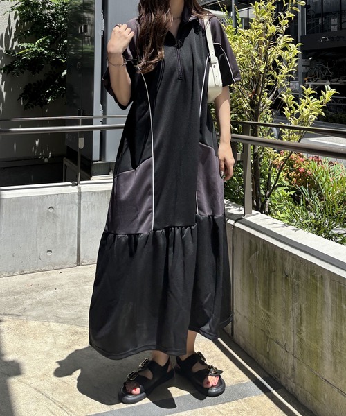 FIRST MOOD(ファーストムード)の「《FIRSTMOODコラボ》ハーフジップ配色半袖ティアードワンピース(ワンピース・レディース・ネイビー/ブラック・MEDIUM/LARGE)」の18枚目の写真