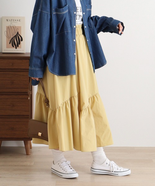 EGLANTINE(エグランティーヌ)の「EGLANTINE アシンメトリーギャザースカート(スカート・レディース・マスタード/ブラック/グレイッシュベージュ・40)」の14枚目の写真