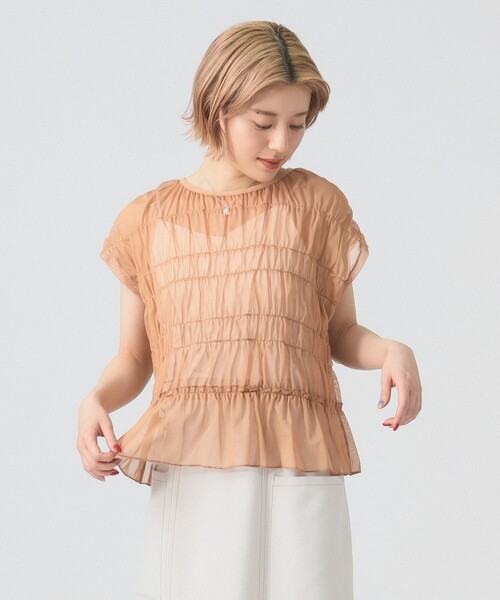 Ray BEAMS（レイビームス）の「シアー シャーリング フレンチスリーブ（Tシャツ/カットソー・レディース・オフホワイト/ブラウン系その他5/ブラック・ONE SIZE）」の3枚目の写真