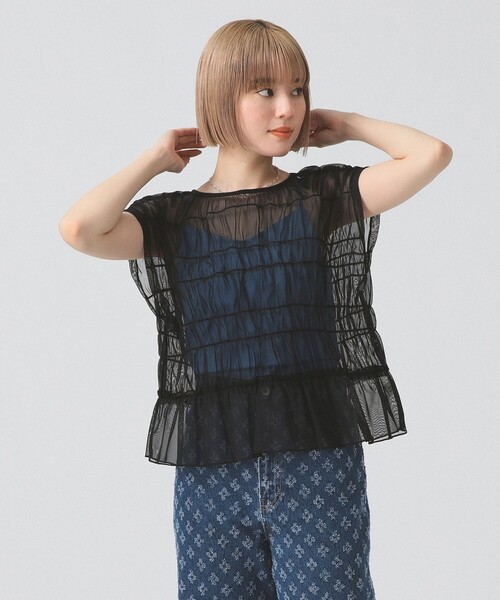 Ray BEAMS（レイビームス）の「シアー シャーリング フレンチスリーブ（Tシャツ/カットソー・レディース・オフホワイト/ブラウン系その他5/ブラック・ONE SIZE）」の8枚目の写真