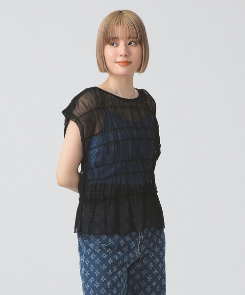 Ray BEAMS（レイビームス）の「シアー シャーリング フレンチスリーブ（Tシャツ/カットソー・レディース・オフホワイト/ブラウン系その他5/ブラック・ONE SIZE）」の9枚目の写真