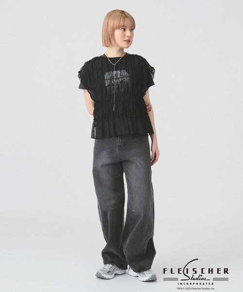 Ray BEAMS（レイビームス）の「シアー シャーリング フレンチスリーブ（Tシャツ/カットソー・レディース・オフホワイト/ブラウン系その他5/ブラック・ONE SIZE）」の10枚目の写真