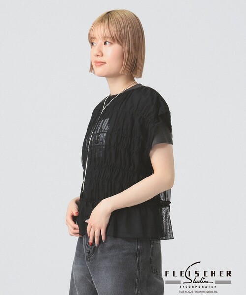 Ray BEAMS（レイビームス）の「シアー シャーリング フレンチスリーブ（Tシャツ/カットソー・レディース・オフホワイト/ブラウン系その他5/ブラック・ONE SIZE）」の12枚目の写真