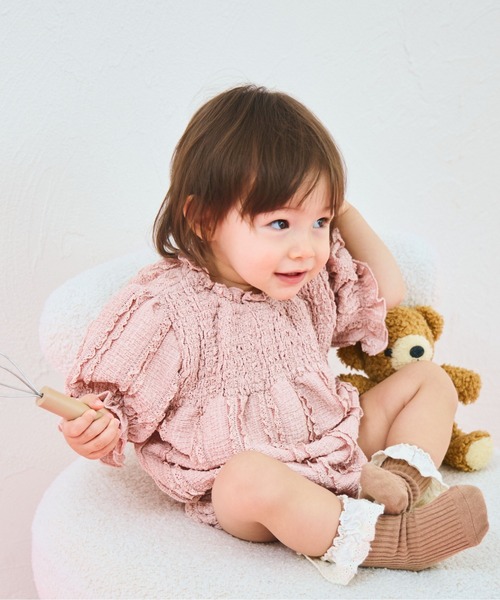 pairmanon（ペアマノン）の「【ベビー】レース見え ジャガードフリルロンパース（ロンパース・キッズ・アイボリー/ベージュ/ピンク・80/70）」の7枚目の写真