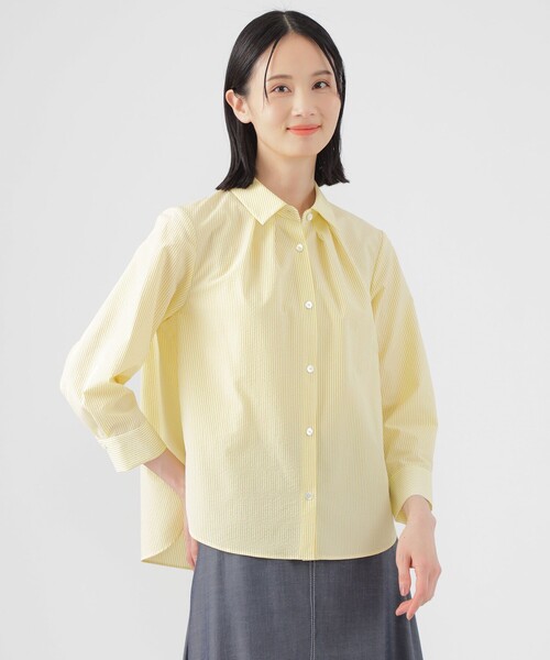 TRANS WORK(トランスワーク)の「【接触冷感】【UV対策】【ウォッシャブル】ファンクションタイプライターストライプシャツブラウス(シャツ/ブラウス・レディース・イエロー/ダークネイビー・38/40)」の1枚目の写真