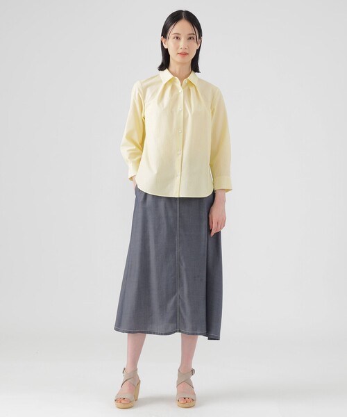 TRANS WORK(トランスワーク)の「【接触冷感】【UV対策】【ウォッシャブル】ファンクションタイプライターストライプシャツブラウス(シャツ/ブラウス・レディース・イエロー/ダークネイビー・38/40)」の10枚目の写真