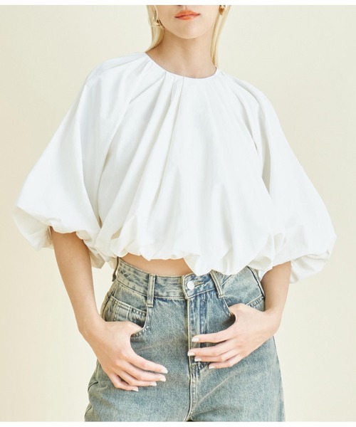 Settimissimo(セッティミッシモ)の「ギャザー バルーン ショート プルオーバー(Tシャツ/カットソー・レディース・オフホワイト/ブラック・FREE)」の1枚目の写真