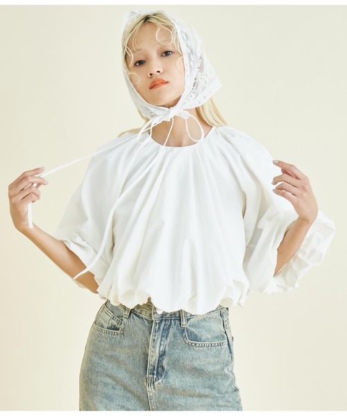 Settimissimo(セッティミッシモ)の「ギャザー バルーン ショート プルオーバー(Tシャツ/カットソー・レディース・オフホワイト/ブラック・FREE)」の6枚目の写真
