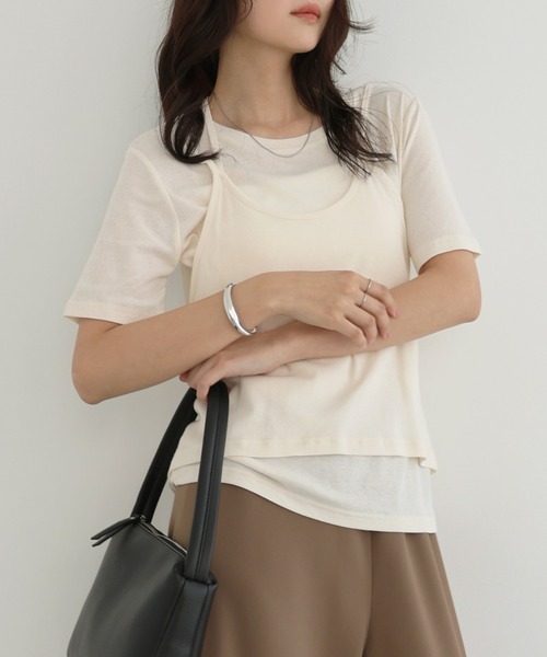 Freesia by andme(フリージアバイアンドミー)の「ホルターネックシアーレイヤードTシャツ(Tシャツ/カットソー・レディース・ブラック/キナリ/グリーン系その他・M)」の1枚目の写真