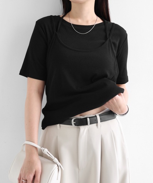 Freesia by andme(フリージアバイアンドミー)の「ホルターネックシアーレイヤードTシャツ(Tシャツ/カットソー・レディース・ブラック/キナリ/グリーン系その他・M)」の2枚目の写真