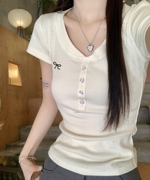 ワンポイント リボン刺繍 ヘンリーネック半袖Tシャツ