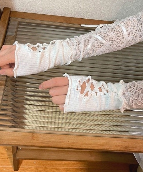 セール】ロンググローブ風レースアップアームカバー（アームカバー