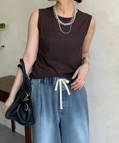 DouDou（ドゥドゥ）の「コットンシアータンク（Tシャツ/カットソー・レディース・オフホワイト/ブラック/ブラウン/ピンク/オレンジ・FREE）」の4枚目の写真