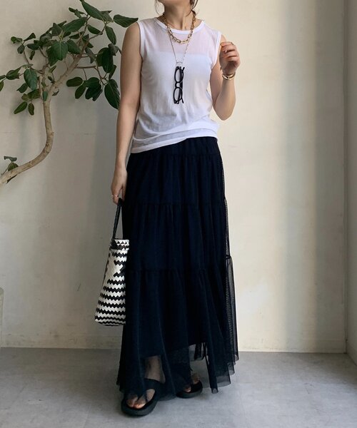 DouDou（ドゥドゥ）の「コットンシアータンク（Tシャツ/カットソー・レディース・オフホワイト/ブラック/ブラウン/ピンク/オレンジ・FREE）」の6枚目の写真