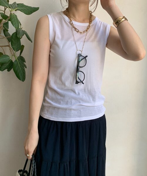 DouDou（ドゥドゥ）の「コットンシアータンク（Tシャツ/カットソー・レディース・オフホワイト/ブラック/ブラウン/ピンク/オレンジ・FREE）」の12枚目の写真