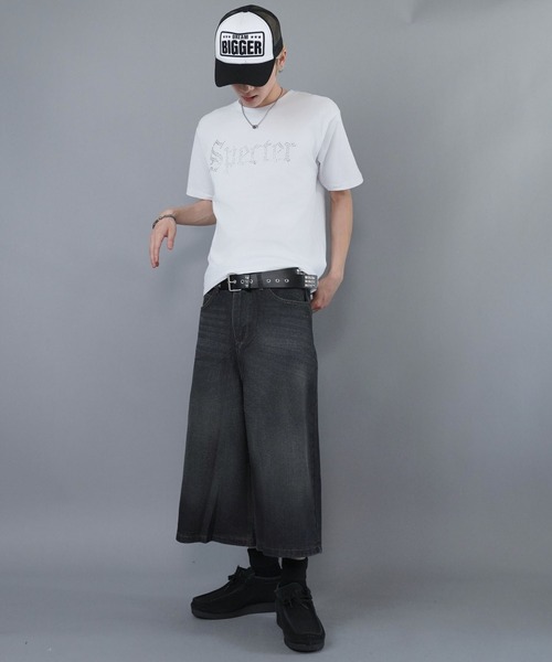 ヴィンテージ加工デニムワイドハーフパンツ/ジョーツデニム/膝下