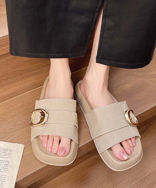 shoppinggo(ショッピングゴー)の「サンダル レディース スリッパ フラットサンダル ミュール 美脚 夏サンダル(サンダル・レディース・ブラック/ベージュ/キャメル・S/M/L)」の1枚目の写真