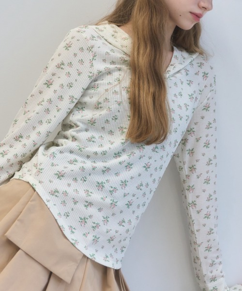 Birthday room（バースデイルーム）の「小花柄サーマルフードロンT/small floral print thermal hooded long t-Shirt（Tシャツ/カットソー・レディース・アイボリー/サックスブルー・FREE）」の7枚目の写真