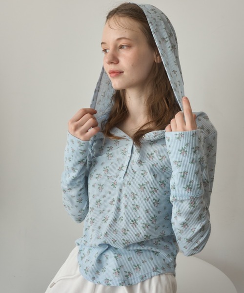 キャピタル　小花柄　サーマル　ロンT 小花柄サーマルフードロンT/small floral print thermal hooded long t