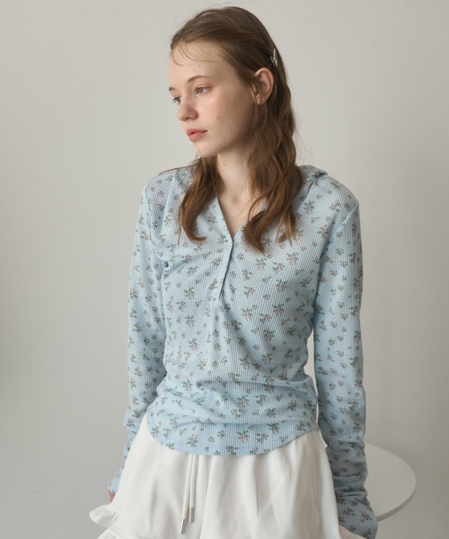 キャピタル　小花柄　サーマル　ロンT 小花柄サーマルフードロンT/small floral print thermal hooded long t