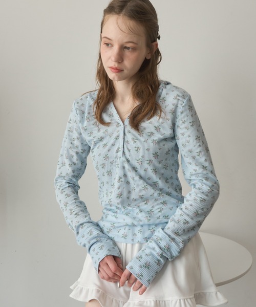 小花柄サーマルフードロンT/small floral print thermal hooded long t
