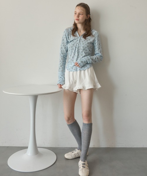 小花柄サーマルフードロンT/small floral print thermal hooded long t