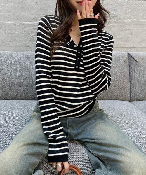 Eclat one(エクラワン)の「【Eclat one】レイヤード デザイン ヘンリーネック ニット(Tシャツ/カットソー・レディース・ブラック×ホワイト/ブラック/グレー/オフホワイト・FREE)」の17枚目の写真