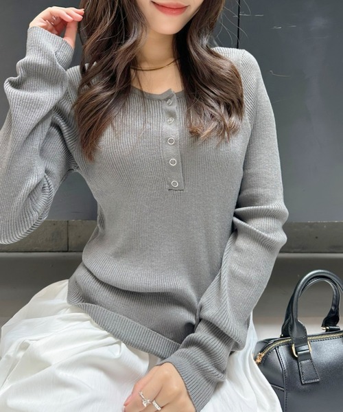 AP STUDIO ヘンリーネックニットTEE グレー セール】【Eclat one】レイヤード デザイン ヘンリーネック ニット（T