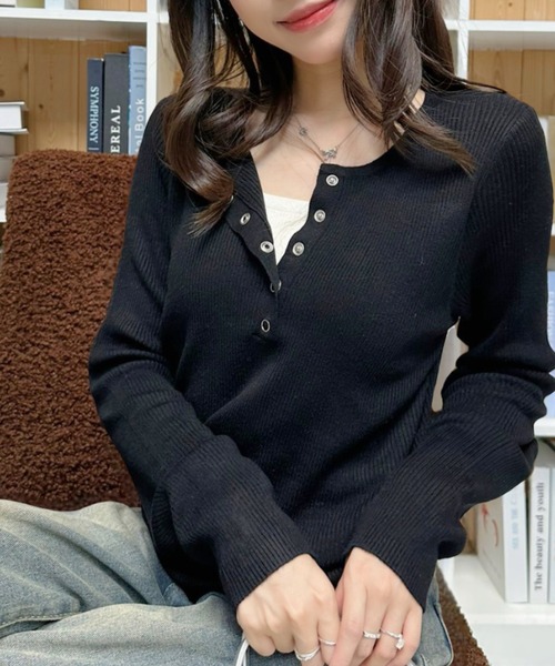 Eclat one(エクラワン)の「【Eclat one】レイヤード デザイン ヘンリーネック ニット(Tシャツ/カットソー・レディース・ブラック×ホワイト/ブラック/グレー/オフホワイト・FREE)」の14枚目の写真
