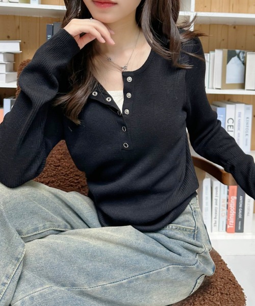 セール】【Eclat one】レイヤード デザイン ヘンリーネック ニット（T