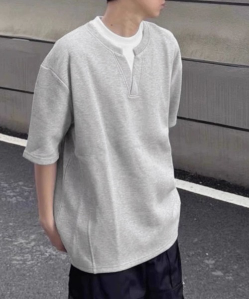 AsaAura(アサオーラ)の「半袖Tシャツ メンズ 重ね着風カットソー(Tシャツ/カットソー・メンズ・グレー/ブラック・FREE)」の1枚目の写真